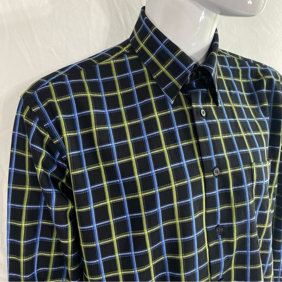 Alan Flusser Men’s Blue & Green Grid Plaid Long Sleeve Dress Shirt - Picture 2 of 8